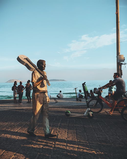 Scultura di musicista con chitarra a Rio de Janeiro, ispirazione musicale per attività creative e sviluppo del talento artistico.