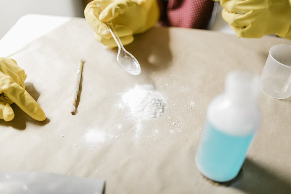Esperimento scientifico con guanti gialli, polvere bianca e liquido blu per la valutazione nell'insegnamento